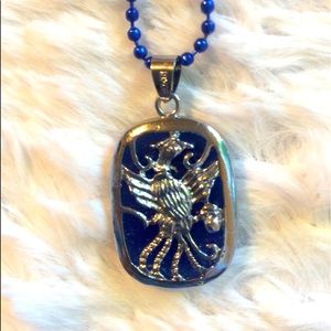 Phoenix reversible blue gemstone necklace 18KGF OOAK Blue jade or lapis Fabulous